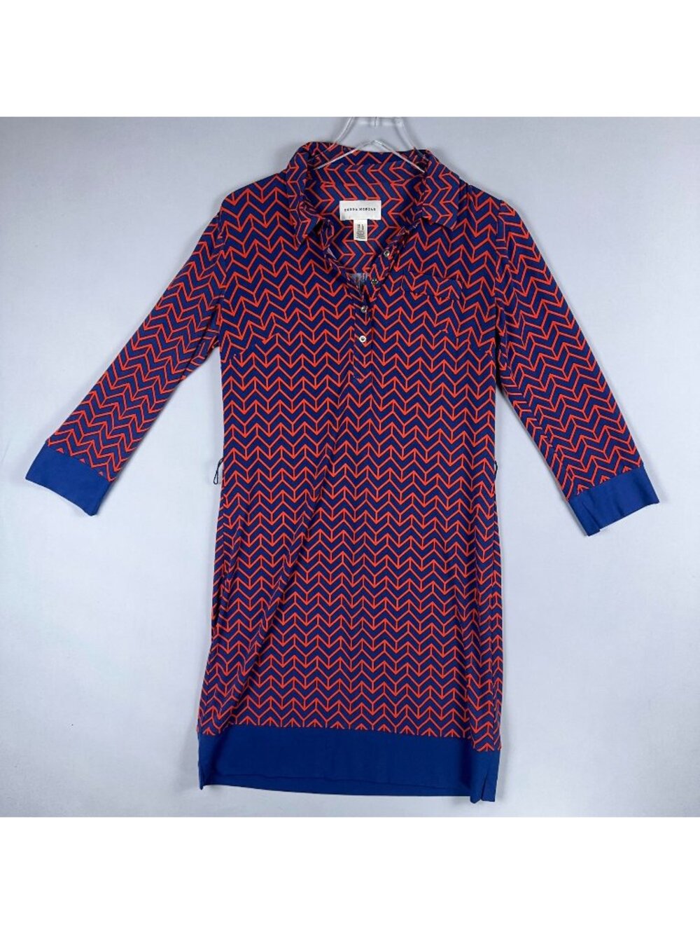 Donna Morgan Dress Size 6 Blue Red Geometric Chevron Pattern 3/4 Sleeves